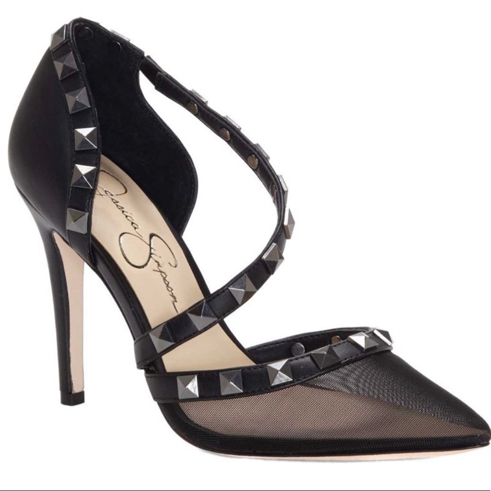 Women's Jessica Simpson Prixen Studded D'Orsay Heel Black Mesh 10M